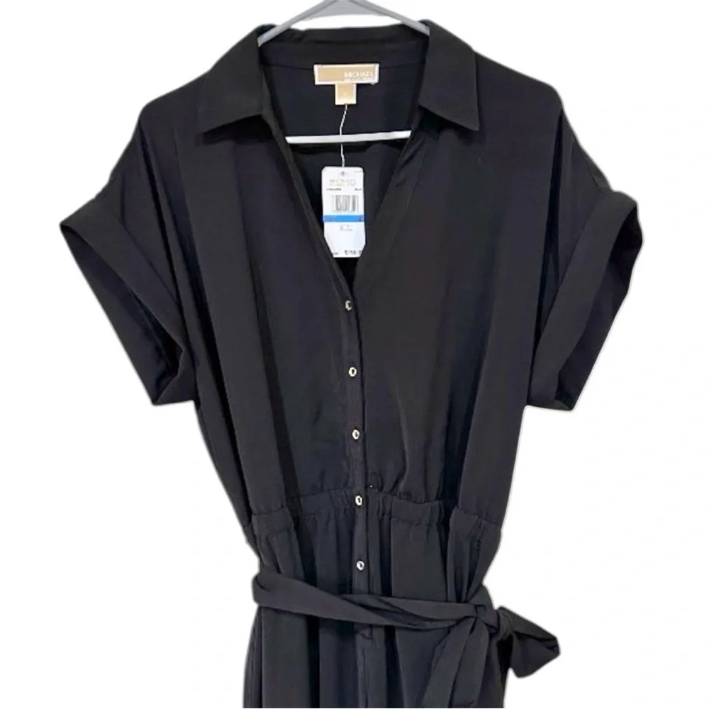 NWT Michael Kors Black Jumpsuit belted button front cuffed short sleeve XL $155